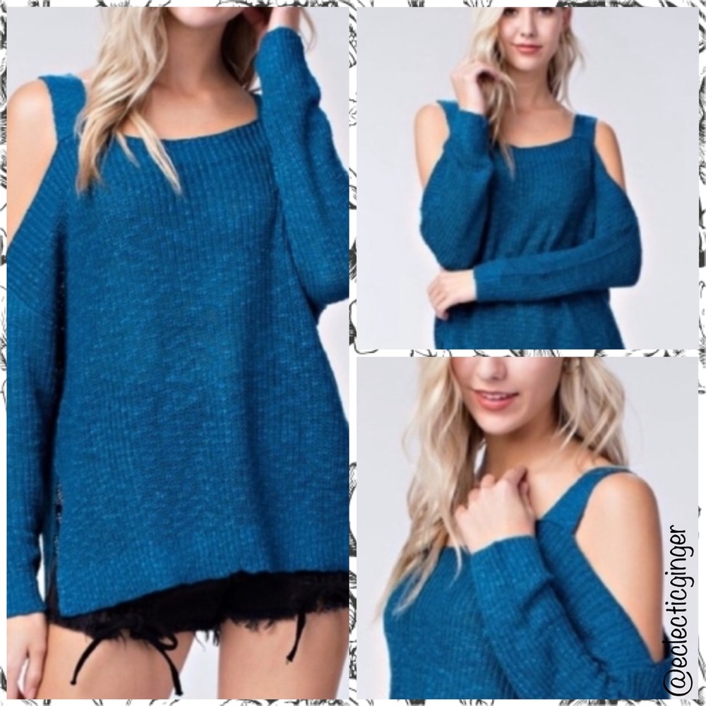 Teal blue textured cold shoulder side slit long sleeve sweater S/M M/L
